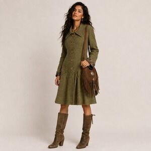 Nomads Fair Trade Olive Green Fit and Flare Button Front Coat Size L